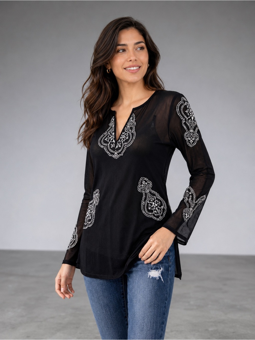 Kenneth Cole Black Mandala Print Mesh Tunic